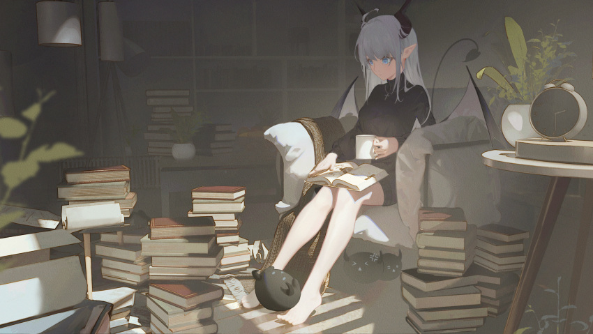 &gt;_&lt; 1girl =_= absurdres ahoge armchair bangs barefoot black_sweater blue_eyes blurry blurry_background blurry_foreground book book_stack breasts chair clock closed_mouth commentary_request creature cross cup demon_girl demon_tail demon_wings grey_hair hair_between_eyes highres holding holding_book holding_cup horns indoors jewelry lanchuan latin_cross leaf long_hair long_sleeves looking_away looking_down medium_breasts mug necklace open_book original plant pointy_ears potted_plant reading shorts sitting solo sunlight sweater table tail thea_(nekojira) turtleneck turtleneck_sweater wide_shot wings