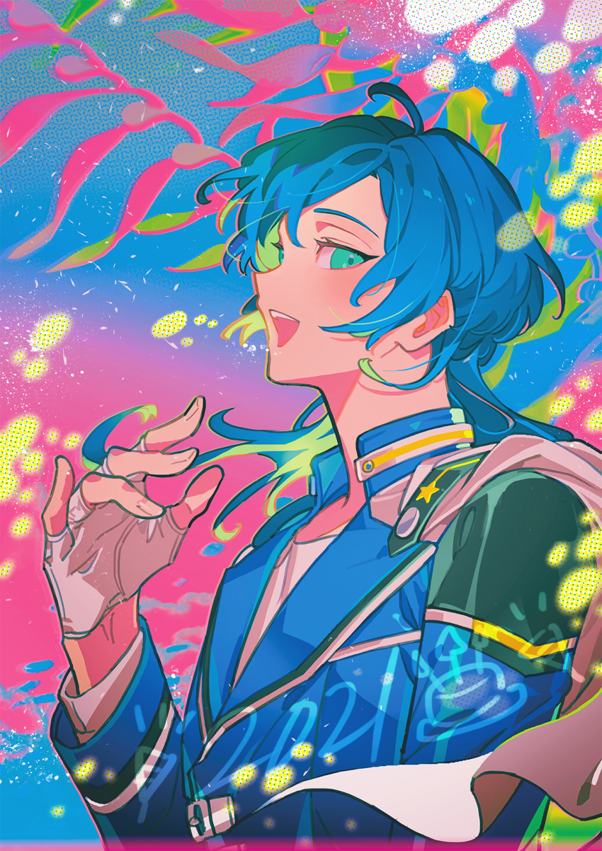 1boy ahoge bangs birthday birthday_cake blue_background blue_hair blue_jacket cake cape colorful commentary dated ensemble_stars! fingerless_gloves food gloves gradient gradient_background green_eyes hand_up haun highres jacket looking_at_viewer male_focus open_mouth party_popper pink_background profile shinkai_kanata shirt smile solo symbol-only_commentary upper_body upper_teeth white_cape white_gloves white_shirt
