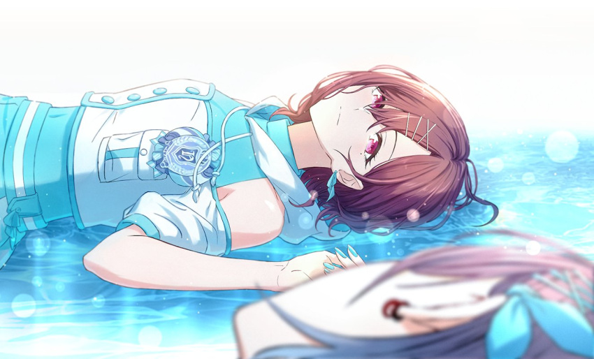 2girls asakura_tooru azmodan blue_bodysuit blue_nails blue_skirt blurry blurry_foreground bodysuit bokeh brown_hair closed_mouth commentary_request depth_of_field earrings hair_ornament hairclip higuchi_madoka idolmaster idolmaster_shiny_colors jewelry light_particles looking_at_another lying lying_on_water mole mole_under_eye multiple_girls nail_polish off-shoulder_shirt off_shoulder on_back pink_eyes shirt short_hair simple_background skirt smile solo_focus upper_body water white_background white_shirt