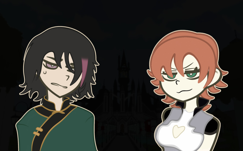 1boy 1girl armor black_background black_collar black_hair chinese_clothes cleavage_cutout closed clothing_cutout collar frustrated golden_collar green_eyes green_trenchcoat highres jnpr lie_ren meme non-web_source nora_valkyrie orange_hair parody purple_bang red_vs_blue rwby serious short_hair simple_background style_parody violet_eyes white_cleavage