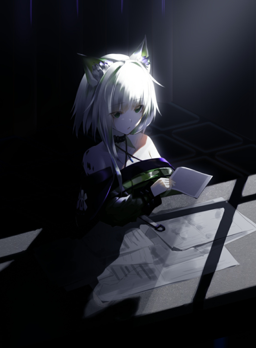 animal_ear_fluff animal_ears arknights bare_shoulders desk dress eyebrows_visible_through_hair green_eyes highres holding holding_photo kal'tsit_(arknights) kureneko off-shoulder_dress off_shoulder oripathy_lesion_(arknights) photo_(object) short_hair sitting white_hair yandere