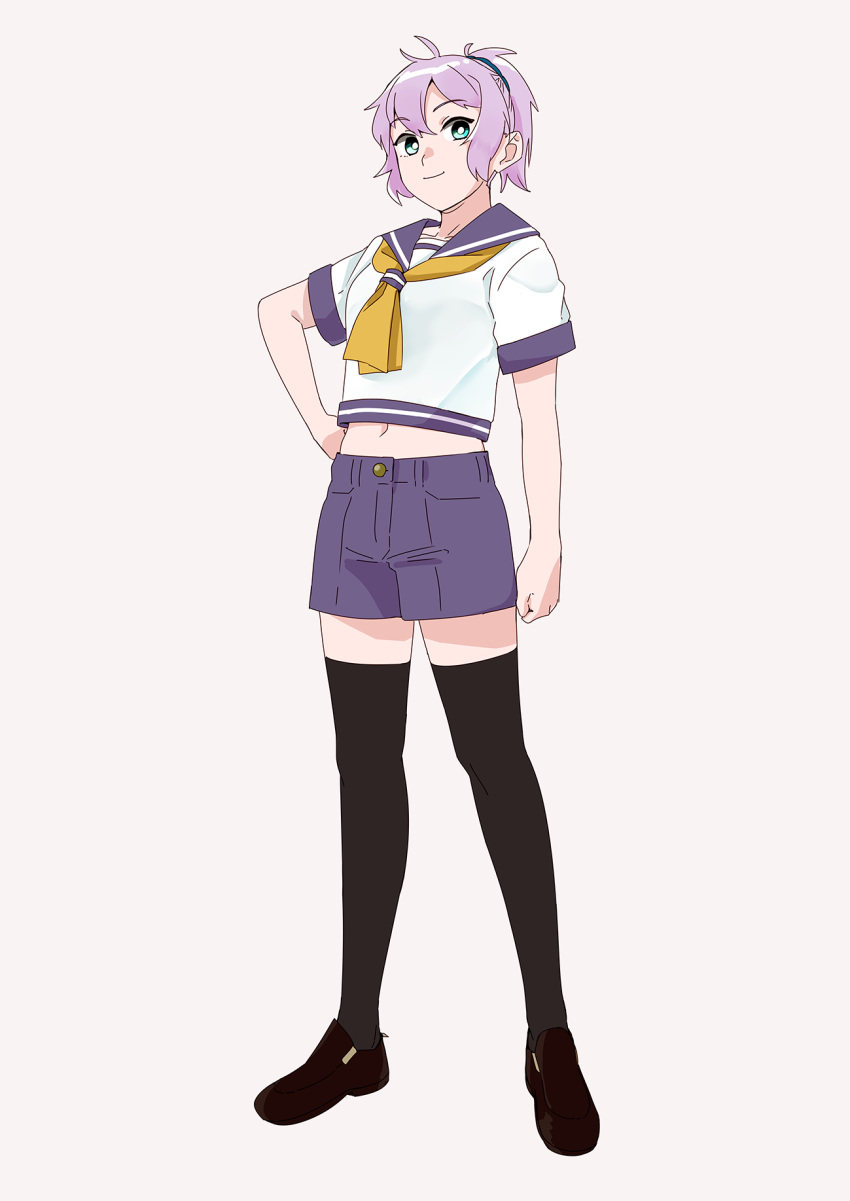 1girl aoba_(kancolle) bangs black_footwear black_legwear blue_eyes full_body grey_background hair_between_eyes hand_on_hip highres kantai_collection looking_at_viewer navel ojipon ponytail purple_hair purple_sailor_collar purple_shorts sailor_collar school_uniform serafuku shorts simple_background smile solo standing thigh-highs yellow_neckwear