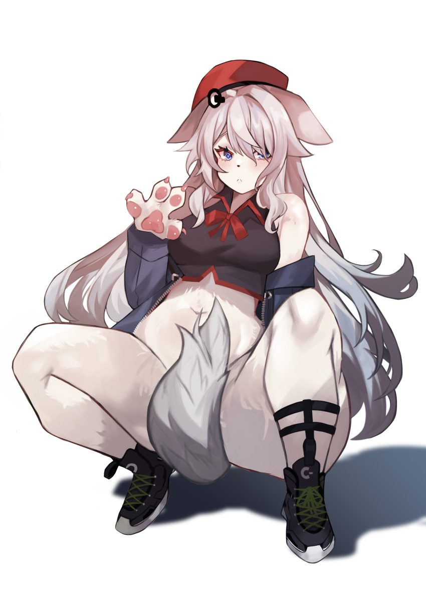 1girl 9a-91_(girls'_frontline) 9a-91_(travelling_with_a_loyal_friend)_(girls'_frontline) :&lt; absurdres animal_ears beret blue_eyes blush breasts furry furry_female girls_frontline grey_hair hat highres long_hair maho_(m_m_catdog) medium_breasts squatting tail very_long_hair