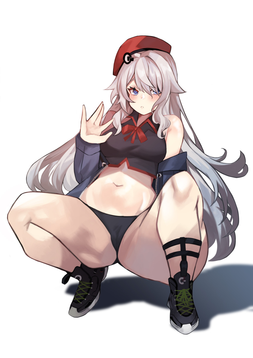 1girl 9a-91_(girls'_frontline) 9a-91_(travelling_with_a_loyal_friend)_(girls'_frontline) :&lt; absurdres beret blue_eyes blush breasts girls_frontline grey_hair hat highres long_hair maho_(m_m_catdog) medium_breasts squatting very_long_hair