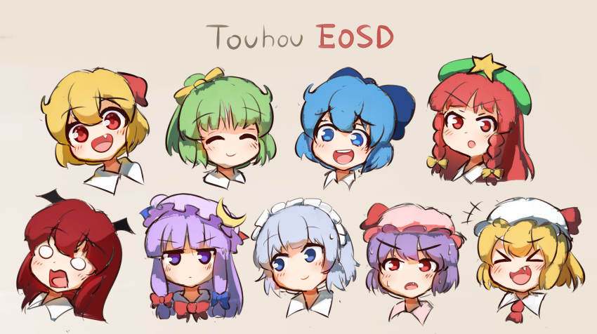 &gt;_&lt; +++ 6+girls :d :o :| ^_^ araki_hirohiko_(style) bat_wings beret blonde_hair blue_bow blue_eyes blue_hair blush bow braid chibi cirno closed_eyes closed_mouth collared_shirt copyright_name crescent crescent_hat_ornament daiyousei embodiment_of_scarlet_devil eyebrows_visible_through_hair face fang ferdy's_lab flandre_scarlet green_hair green_headwear grey_background hair_between_eyes hair_bow hair_ribbon hat hat_bow hat_ornament head_tilt head_wings highres hong_meiling izayoi_sakuya koakuma looking_at_another maid_headdress mob_cap multiple_girls no_nose o_o open_mouth patchouli_knowledge pink_headwear purple_hair purple_headwear red_eyes red_neckwear redhead remilia_scarlet ribbon rumia shirt short_hair side_ponytail sidelocks silver_hair simple_background sketch smile star_(symbol) star_hat_ornament sweat touhou tress_ribbon twin_braids v-shaped_eyebrows violet_eyes wavy_mouth white_headwear wings xd yellow_bow yellow_ribbon