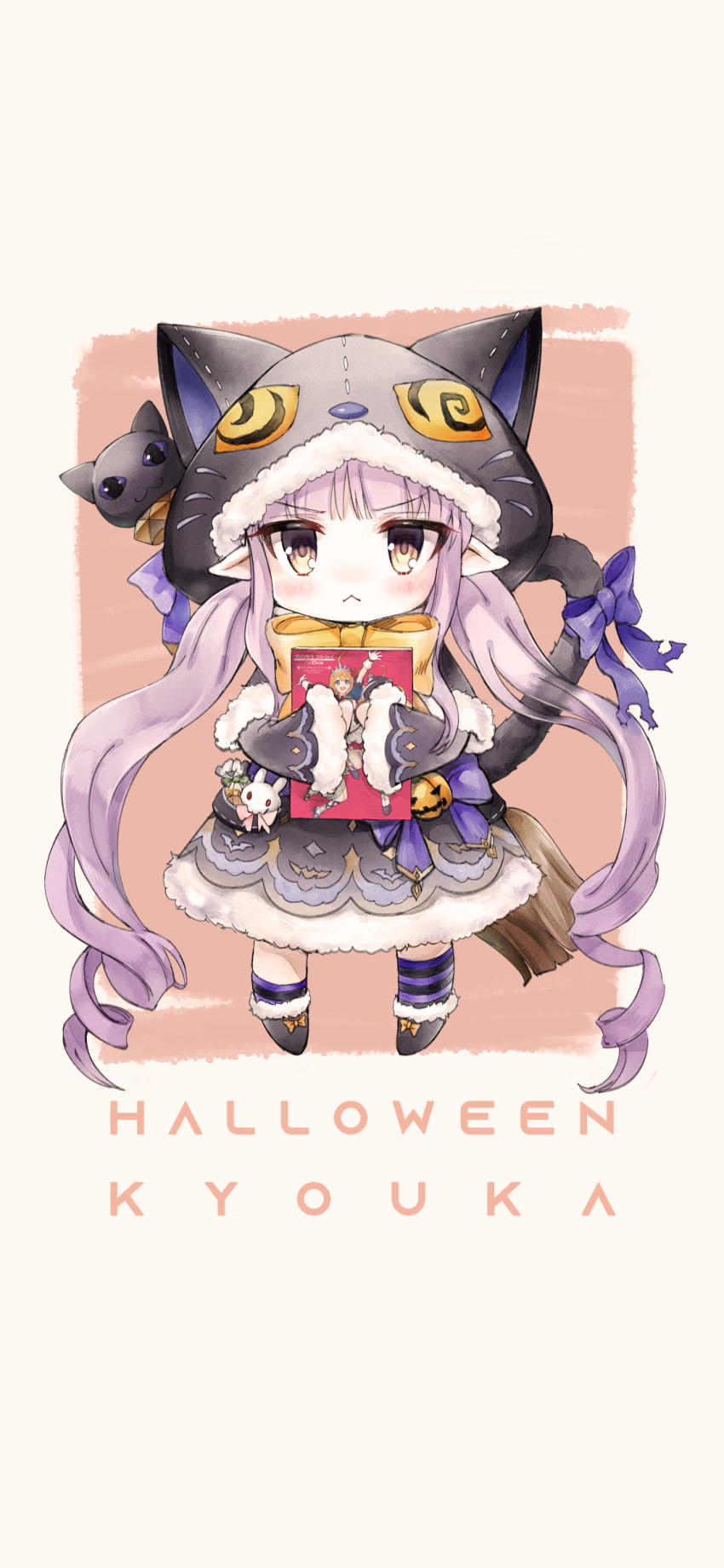 1girl :&lt; :3 absurdres animal_ears animal_hood asymmetrical_legwear bangs black_cat blunt_bangs book boots bow broom bunny_ornament cat cat_ears cat_hood cat_tail chibi curly_hair dress eyebrows_visible_through_hair full_body fur-trimmed_boots fur-trimmed_dress fur-trimmed_hood fur_trim green_bow halloween halloween_costume highres holding holding_book hood jack-o'-lantern kyouka_(princess_connect!) pecorine_(princess_connect!) pink_bow pink_hair pointy_ears pouch princess_connect! purple_bow simple_background single_thighhigh solo tail tail_bow tail_ornament thigh-highs twintails two-tone_background vangee white_background yellow_bow yellow_eyes