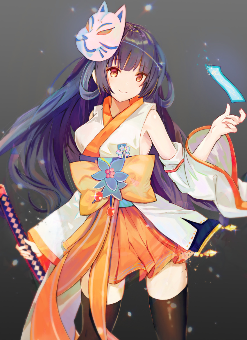 1girl bangs bare_shoulders black_hair black_legwear blue_hair blunt_bangs charm_(object) dedeko detached_sleeves eyebrows_visible_through_hair flower fox_mask frilled_skirt frills hair_ornament hand_up highres holding holding_weapon japanese_clothes katana kimono mask miko multicolored multicolored_eyes multicolored_hair orange_eyes orange_kimono original purple_hair red_eyes scroll skirt smile solo sword talisman thigh-highs weapon white_kimono wide_sleeves