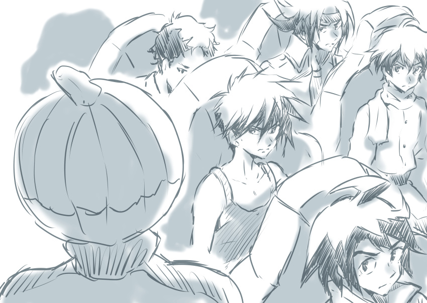 6+boys absurdres ahoge bangs collarbone commentary_request domon_kasshu g_gundam greyscale gundam gundam_00 gundam_hathaway's_flash gundam_tekketsu_no_orphans gundam_wing hathaway_noa headband heero_yuy highres male_focus mikazuki_augus monochrome multiple_boys pumpkin_hat scar scarf serious setsuna_f._seiei short_hair sidelocks sishamon sitting