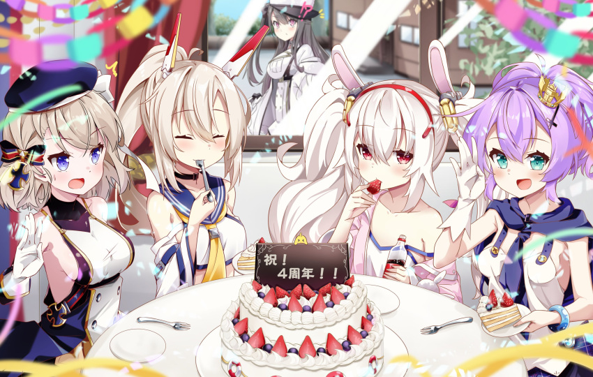 5girls animal_ears ayanami_(azur_lane) azur_lane bare_shoulders beret black_choker black_hair blouse blue_headwear blue_sailor_collar bow breasts buttons cake cake_slice camisole choker closed_eyes coat coat_dress crop_top cross_hair_ornament crown double-breasted eyebrows_visible_through_hair fake_animal_ears flat_chest food fork fruit fur-trimmed_coat fur_trim gloves green_eyes hair_bow hair_ornament hairband hat headgear high_ponytail highres hood indoors jacket javelin_(azur_lane) laffey_(azur_lane) large_breasts leer.meer light_brown_hair long_hair looking_at_viewer looking_out_window medium_breasts medium_hair mini_crown multiple_girls padded_coat pamiat_merkuria_(azur_lane) peaked_cap pink_eyes pink_jacket plate platinum_blonde_hair ponytail purple_hair purple_ribbon rabbit_ears red_eyes red_hairband ribbon round_table russian_clothes sailor_collar sideboob single_glove sleeveless small_breasts strap_slip strawberry twintails violet_eyes white_camisole white_coat white_gloves white_hair white_headwear wide_ponytail window yellow_neckwear z23_(azur_lane)