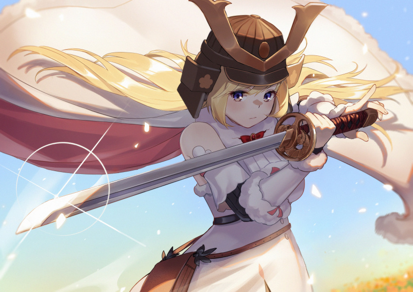 1girl absurdres armor bag blonde_hair blue_sky blush breasts cape closed_mouth commentary cowboy_shot day detached_sleeves dress expressionless field floating_hair flower flower_field fur-trimmed_dress fur-trimmed_sleeves fur_trim glint handbag helmet highres holding holding_sword holding_weapon hololive ina_(inadiary) japanese_armor kabuto katana light_particles long_hair looking_at_viewer medium_breasts outdoors pink_cape ribbed_sleeves sky solo sword tsunomaki_watame two-tone_cape violet_eyes virtual_youtuber weapon white_cape white_dress