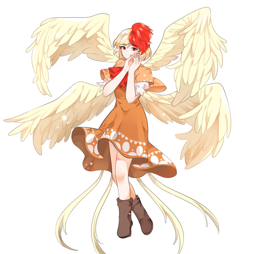 1girl bird_wings blonde_hair brown_dress capelet dress eyebrows_visible_through_hair feathered_wings hair_between_eyes hands_together highres looking_at_viewer mindoll multiple_wings niwatari_kutaka red_eyes red_neckwear redhead shoes short_hair short_sleeves smile solo touhou wings