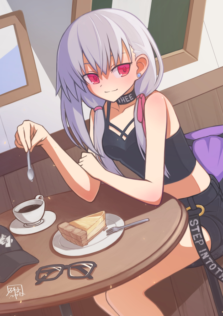 1girl bangs bare_shoulders baseball_cap black_camisole black_headwear black_shorts blush breasts camisole chair cheesecake choker coffee collarbone cup earrings eyewear_removed fate/grand_order fate_(series) food fork glasses hair_ribbon hat hat_removed headwear_removed heroic_spirit_tour_outfit hibun_tsukasa highres jewelry kama_(fate) long_hair looking_at_viewer low_twintails medium_breasts midriff plate red_eyes ribbon shorts silver_hair sitting smile solo spoon stud_earrings table teacup thighs twintails