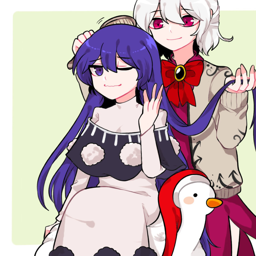 2girls beige_jacket blue_eyes blue_hair bow bowtie braid comb combing doremy_sweet dress french_braid hand_in_another's_hair headwear_removed highres kishin_sagume long_hair long_sleeves mindoll multiple_girls one_eye_closed pink_eyes pom_pom_(clothes) purple_dress red_neckwear short_hair sitting smile touhou white_hair