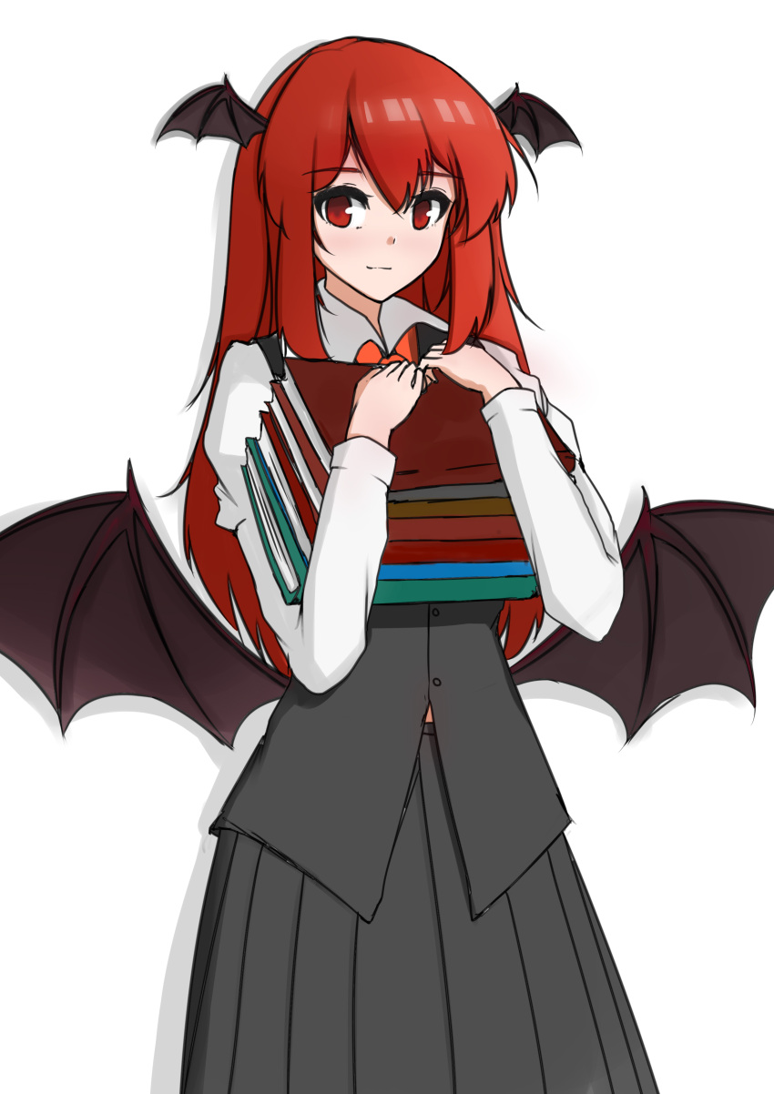 1girl absurdres artist_request bat_wings black_skirt black_vest blush book book_hug book_stack collared_shirt dress_shirt drop_shadow eyebrows_visible_through_hair hair_between_eyes head_wings highres holding holding_book koakuma light_smile long_hair long_sleeves looking_at_viewer low_wings midriff_peek necktie object_hug red_eyes red_neckwear redhead shirt sidelocks simple_background skirt skirt_set solo touhou vest white_background white_shirt wings