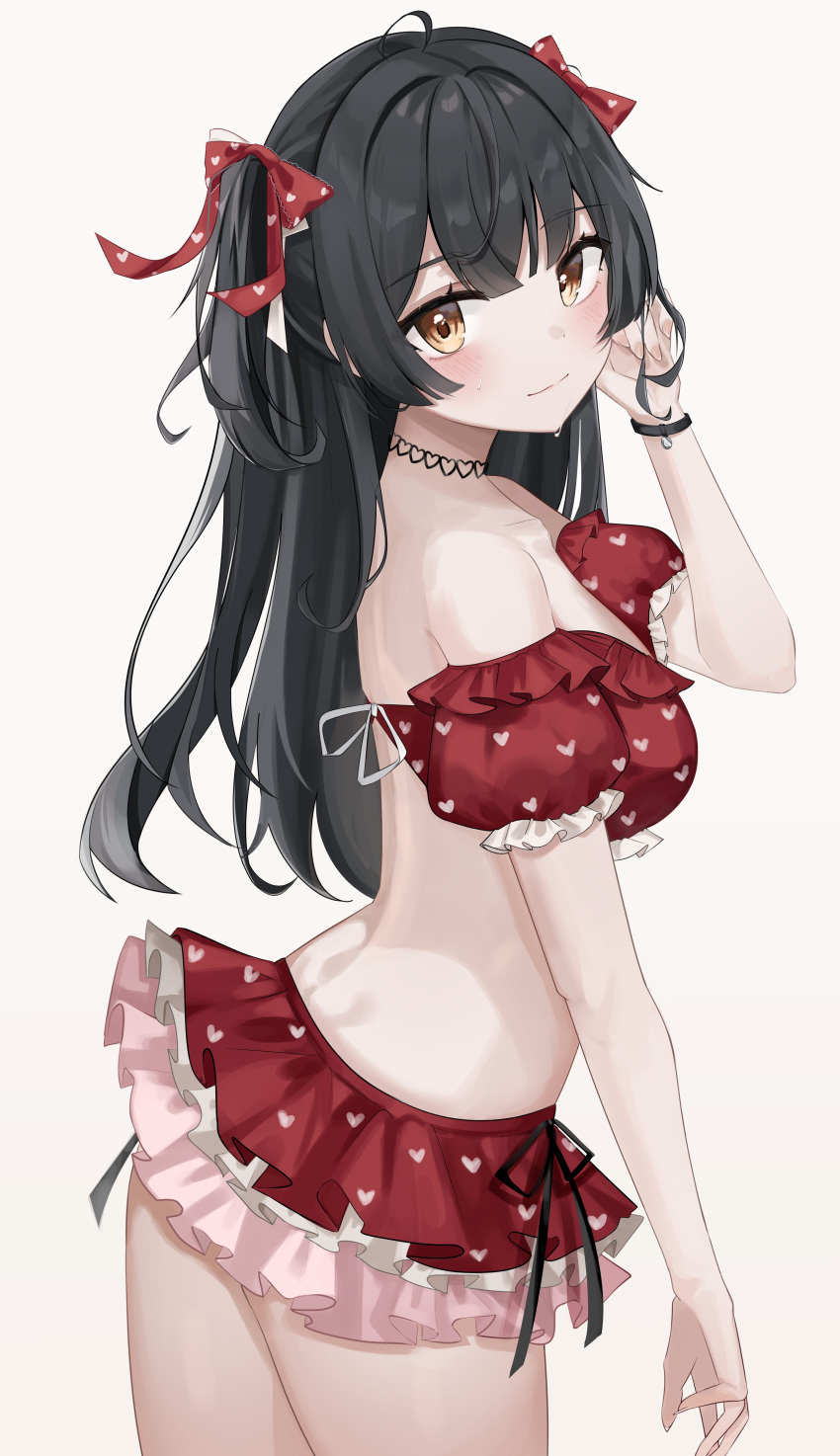 1girl absurdres ahoge arched_back bangs bare_shoulders bikini black_hair black_ribbon blunt_bangs blush breasts choker commentary cowboy_shot detached_sleeves frilled_bikini frills from_side hair_ribbon hand_in_hair hand_up heart heart_choker heart_print highres idolmaster idolmaster_shiny_colors light_smile looking_at_viewer looking_to_the_side mayuzumi_fuyuko medium_breasts off-shoulder_bikini off_shoulder print_bikini red_bikini ribbon side-tie_bikini simple_background solo strapless strapless_bikini sweat swimsuit thighs twisted_torso two_side_up white_background whitebc