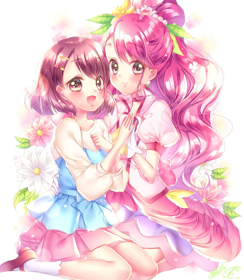 2girls arm_around_waist artist_name bangs black_footwear blouse blue_blouse bob_cut brown_eyes brown_hair choker closed_eyes cure_grace dated dress dual_persona earrings eyebrows_visible_through_hair flower gloves hair_ornament hairclip hanadera_nodoka hands_together healin'_good_precure highres jewelry leaf_hair_ornament long_hair long_sleeves looking_at_viewer magical_girl miniskirt multiple_girls open_mouth pink_dress pink_eyes pink_flower pink_hair pink_skirt pleated_skirt ponytail precure puffy_short_sleeves puffy_sleeves red_choker shoes short_dress short_hair short_sleeves side-by-side signature sitting skirt smile socks swept_bangs tiara touki_matsuri wariza wavy_hair white_flower white_gloves white_headwear white_legwear