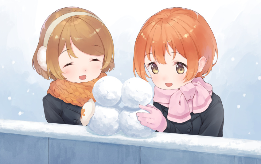 2girls bangs blush brown_hair closed_eyes commentary_request earmuffs eichisu highres hoshizora_rin koizumi_hanayo love_live! mittens multiple_girls open_mouth orange_hair orange_scarf pink_scarf scarf shiny shiny_hair short_hair smile snowball snowing swept_bangs winter winter_clothes yellow_eyes