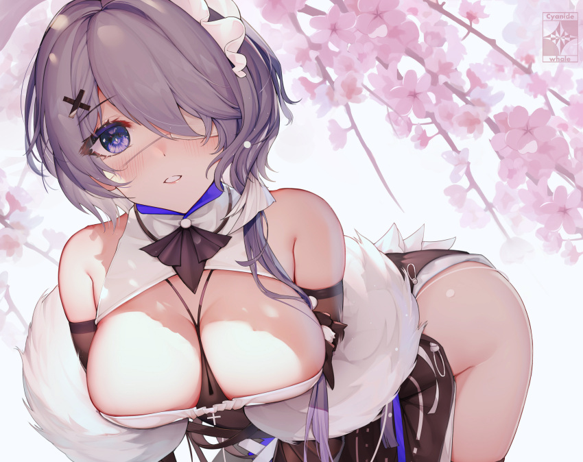 1girl absurdres arknights bangs bare_shoulders bent_over blush breasts cherry_blossoms commentary cyanide-whale eyepatch feather_boa hair_ornament hair_over_one_eye highres large_breasts looking_at_viewer parted_lips purple_hair solo violet_eyes whisperain_(arknights) whisperain_(tremble_cold)_(arknights) x_hair_ornament