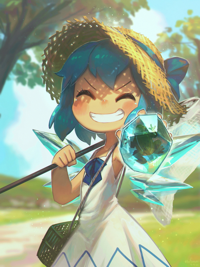 1girl absurdres animal armpits artist_name bangs blue_bow blue_hair blue_ribbon blurry blush bow butterfly_net cirno cirno_day closed_eyes clouds collarbone commentary cowboy_shot dated depth_of_field dress dress_bow english_commentary facing_viewer foreshortening frog frozen frozen_frog grass grin hand_net hat hat_bow hat_ribbon highres holding holding_animal ice ice_wings medium_hair outdoors outstretched_arm porforever ribbon sky sleeveless sleeveless_dress smile solo straw_hat touhou tree v-shaped_eyebrows white_dress wings