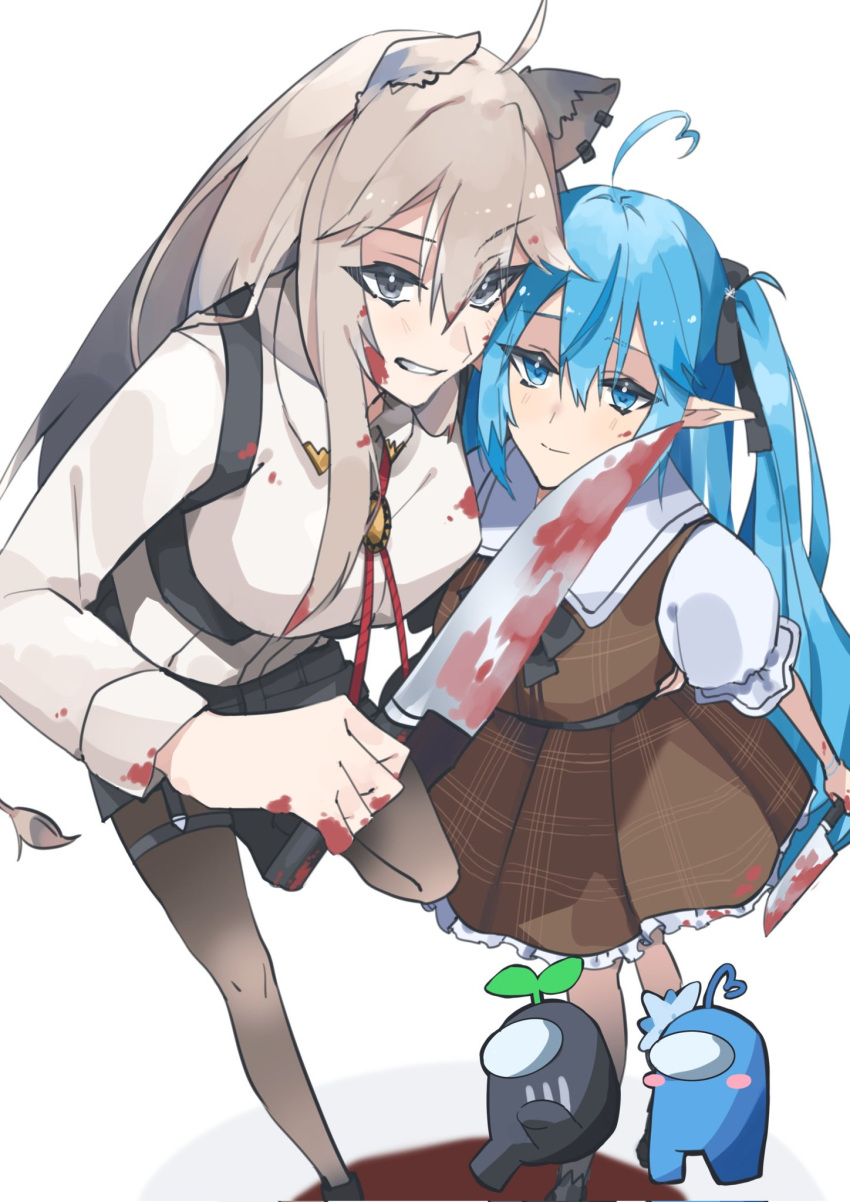 2girls aasu_(mhgbh510) ahoge among_us animal_ears bangs black_bow black_legwear black_shorts blood blood_in_hair blood_on_clothes blood_on_hands blood_on_knife blood_splatter blue_hair bow bracelet breasts brown_dress closed_mouth corset dress ear_piercing eyebrows_visible_through_hair frilled_dress frills full_body grey_eyes hair_between_eyes hair_bow heart_ahoge highres holding holding_knife hololive jewelry knife large_breasts leg_up lion_ears lion_girl lion_tail long_hair looking_at_viewer multiple_girls official_alternate_costume open_clothes pantyhose pendant piercing plaid plaid_dress pleated_dress pointy_ears red_neckwear shirt shirt_tucked_in shishiro_botan short_shorts short_sleeves shorts sidelocks silver_hair simple_background smile standing tail thigh_strap twintails virtual_youtuber white_shirt yellow_eyes yukihana_lamy