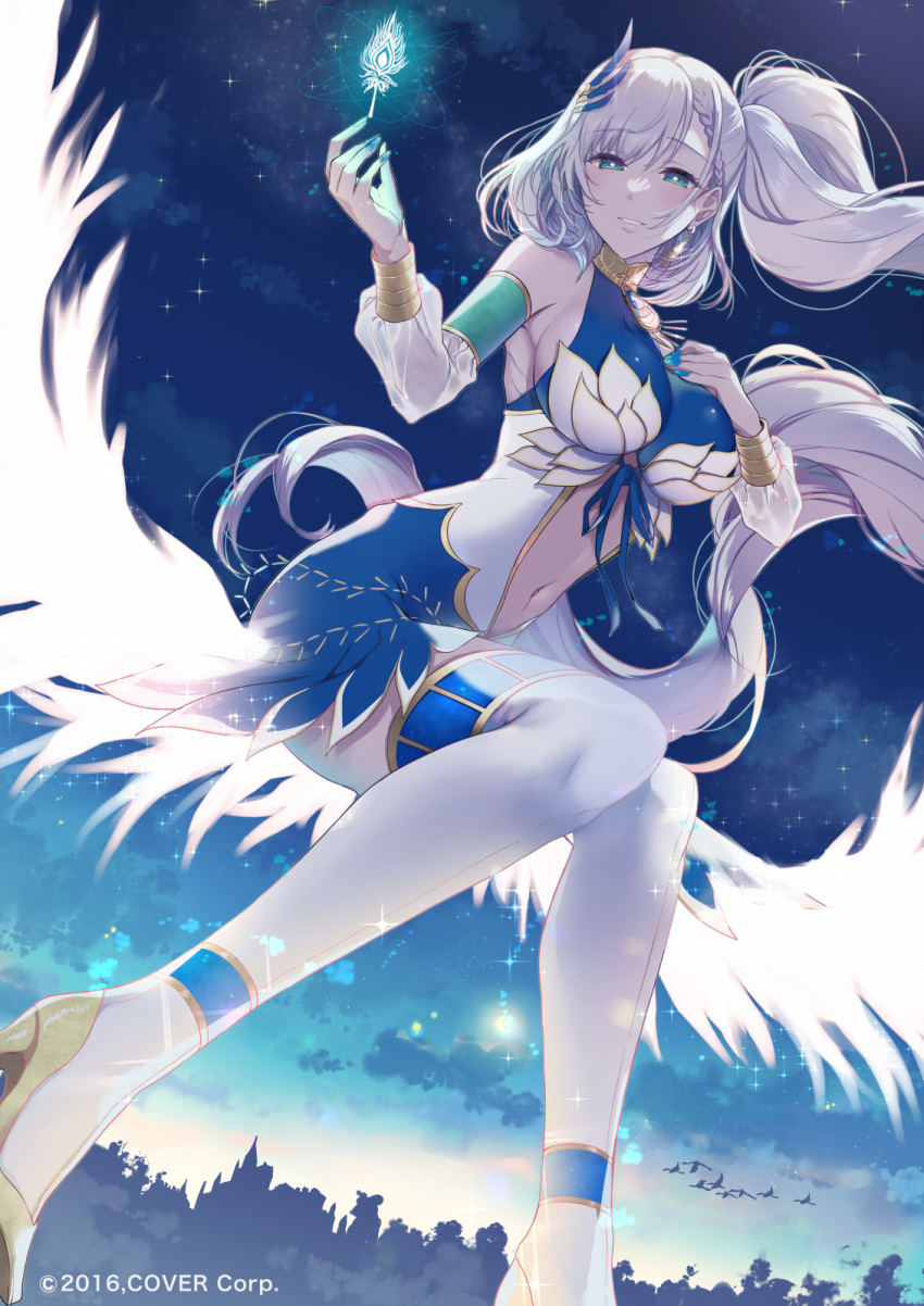 1girl aqua_eyes blue_nails braid breasts clothing_cutout company_name earrings feathers glowing highres hololive hololive_indonesia jewelry navel_cutout parted_lips pavolia_reine pochi_(pochi-goya) side_ponytail sideboob silver_hair smile solo thigh-highs virtual_youtuber