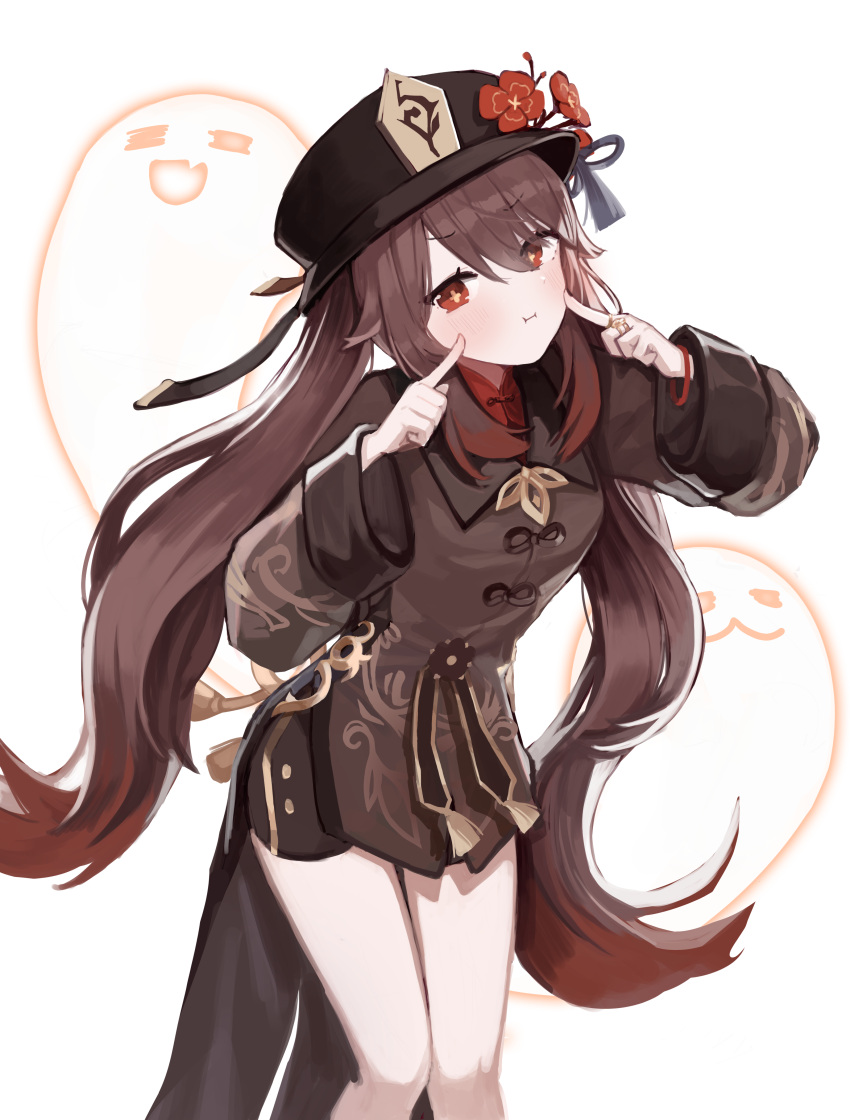 1girl absurdres blush brown_hair finger_to_cheek genshin_impact ghost hat highres hu_tao_(genshin_impact) long_sleeves looking_at_viewer red_eyes seorang shorts solo twintails