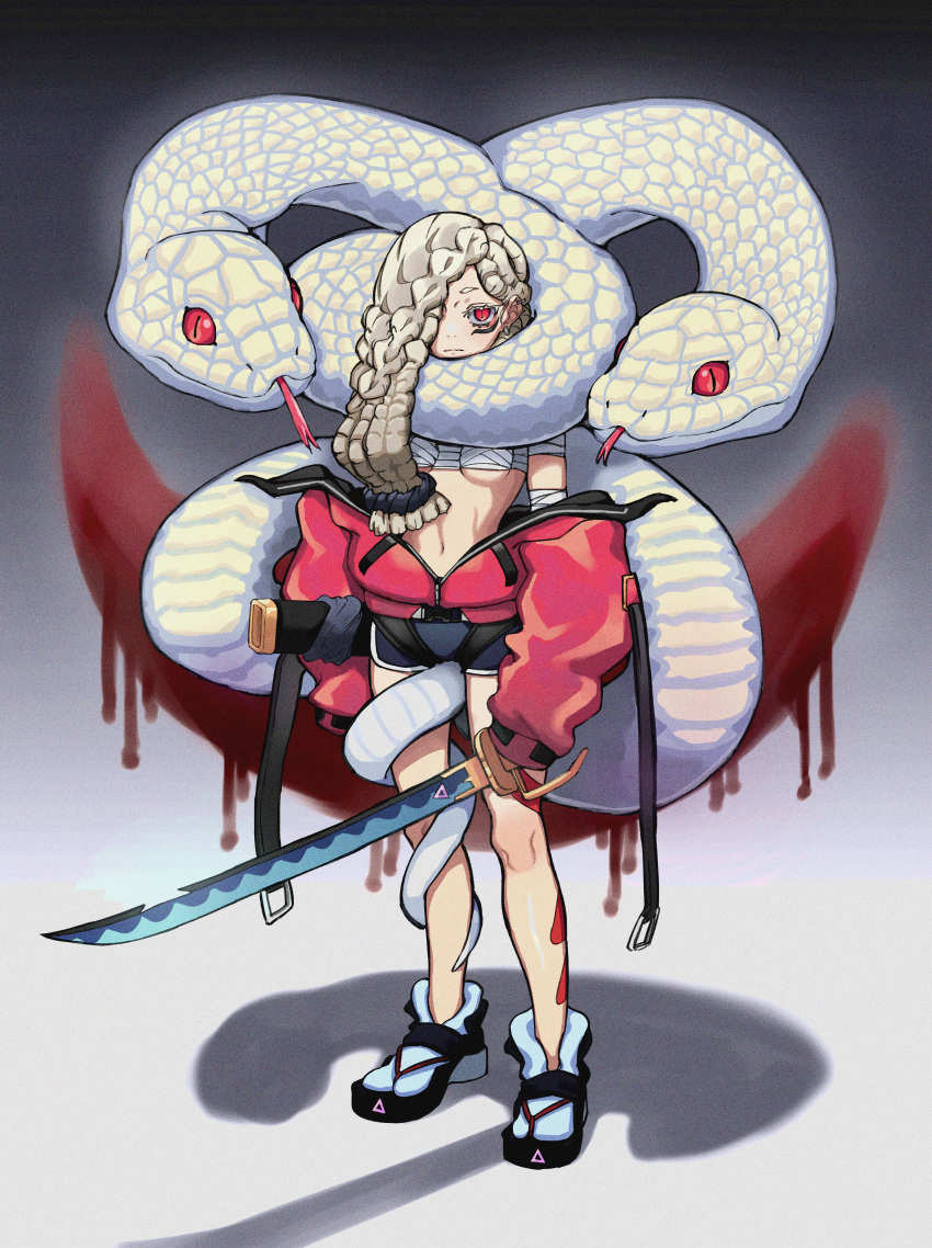 1girl absurdres animal blonde_hair breasts budget_sarashi chung1000 closed_mouth earrings facial_mark full_body giant_snake hair_over_one_eye hairlocs highres holding holding_sword holding_weapon huge_filesize jacket jacket_partially_removed jewelry long_hair looking_at_viewer navel off_shoulder one_eye_covered original oversized_animal red_eyes red_jacket sandals sanpaku sarashi scabbard sheath slit_pupils small_breasts snake solo standing sword tabi under_boob unsheathed weapon white_legwear white_snake