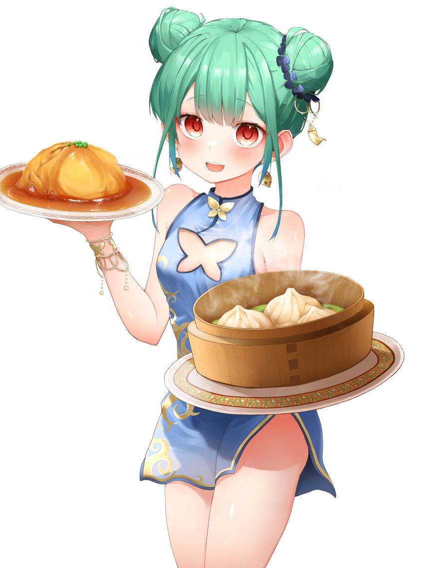 1girl :d absurdres bamboo_steamer bangs baozi blue_dress blue_hair blush bracelet breasts china_dress chinese_clothes clothing_cutout commentary_request cowboy_shot double_bun dress earrings eyebrows_visible_through_hair food food_request gradient_hair green_hair hair_ornament highres holding holding_plate hololive jewelry looking_at_viewer multicolored_hair open_mouth pepushi_drow plate red_eyes simple_background skull_earrings small_breasts smile solo standing upper_teeth uruha_rushia virtual_youtuber white_background