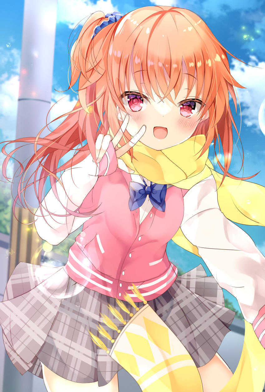 1girl absurdres blue_ribbon blue_scrunchie blush breasts buttons clouds commentary_request eyebrows eyebrows_visible_through_hair grey_skirt hair_between_eyes hair_ornament hakugan highres huge_filesize inaba_meguru jacket long_hair looking_at_viewer open_mouth orange_eyes orange_hair outdoors pink_jacket ribbon sanoba_witch scarf school_uniform scrunchie serafuku skirt sky solo w yellow_scarf