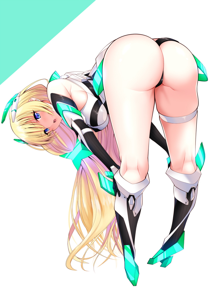 1girl angela_balzac ass bangs bare_shoulders bent_over blush breasts daive deva_battle_suit elbow_gloves gloves headgear highleg highleg_leotard highres large_breasts legs leotard long_hair looking_at_viewer low_twintails neon_trim open_mouth rakuen_tsuihou solo thigh_strap twintails very_long_hair white_leotard