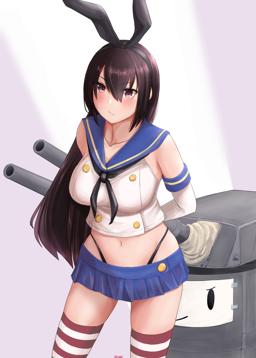 1girl absurdres arms_behind_back black_hair black_panties blue_sailor_collar blue_skirt breasts commentary_request cosplay cowboy_shot crop_top elbow_gloves gloves highleg highleg_panties highres jousanrou kantai_collection large_breasts long_hair looking_to_the_side microskirt miniskirt nagato_(kancolle) panties pleated_skirt red_eyes rensouhou-chan rensouhou-chan_(cosplay) sailor_collar shimakaze_(kancolle) shimakaze_(kancolle)_(cosplay) skirt solo striped striped_legwear thigh-highs underwear white_gloves