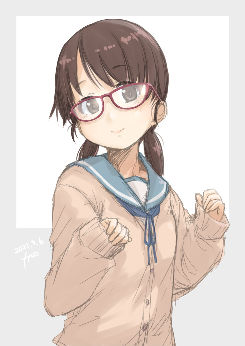 1girl absurdres bangs beige_cardigan bespectacled blue_neckwear blue_sailor_collar brown_eyes brown_hair cardigan collared_shirt fyuo glasses grey_background highres kantai_collection looking_at_viewer low_twintails neckerchief one-hour_drawing_challenge parted_bangs red-framed_eyewear sailor_collar school_uniform serafuku shirayuki_(kancolle) shirt short_twintails solo square twintails two-tone_background upper_body