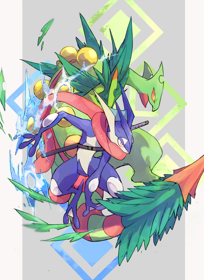 blurry bright_pupils commentary_request furry gen_3_pokemon gen_6_pokemon greninja highres leaves_in_wind mega_pokemon mega_sceptile ngr_(nnn204204) open_mouth pink_eyes pokemon pokemon_(creature) sceptile shuriken sword water weapon yellow_eyes