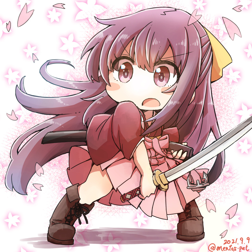 1girl aoba_(akibajun) boots bow brown_footwear chibi commentary_request cross-laced_footwear floral_background hair_bow hakama hakama_skirt highres japanese_clothes kamikaze_(kancolle) kantai_collection kimono lace-up_boots long_hair meiji_schoolgirl_uniform petals pink_hakama purple_hair red_kimono skirt solo sword violet_eyes weapon yellow_bow
