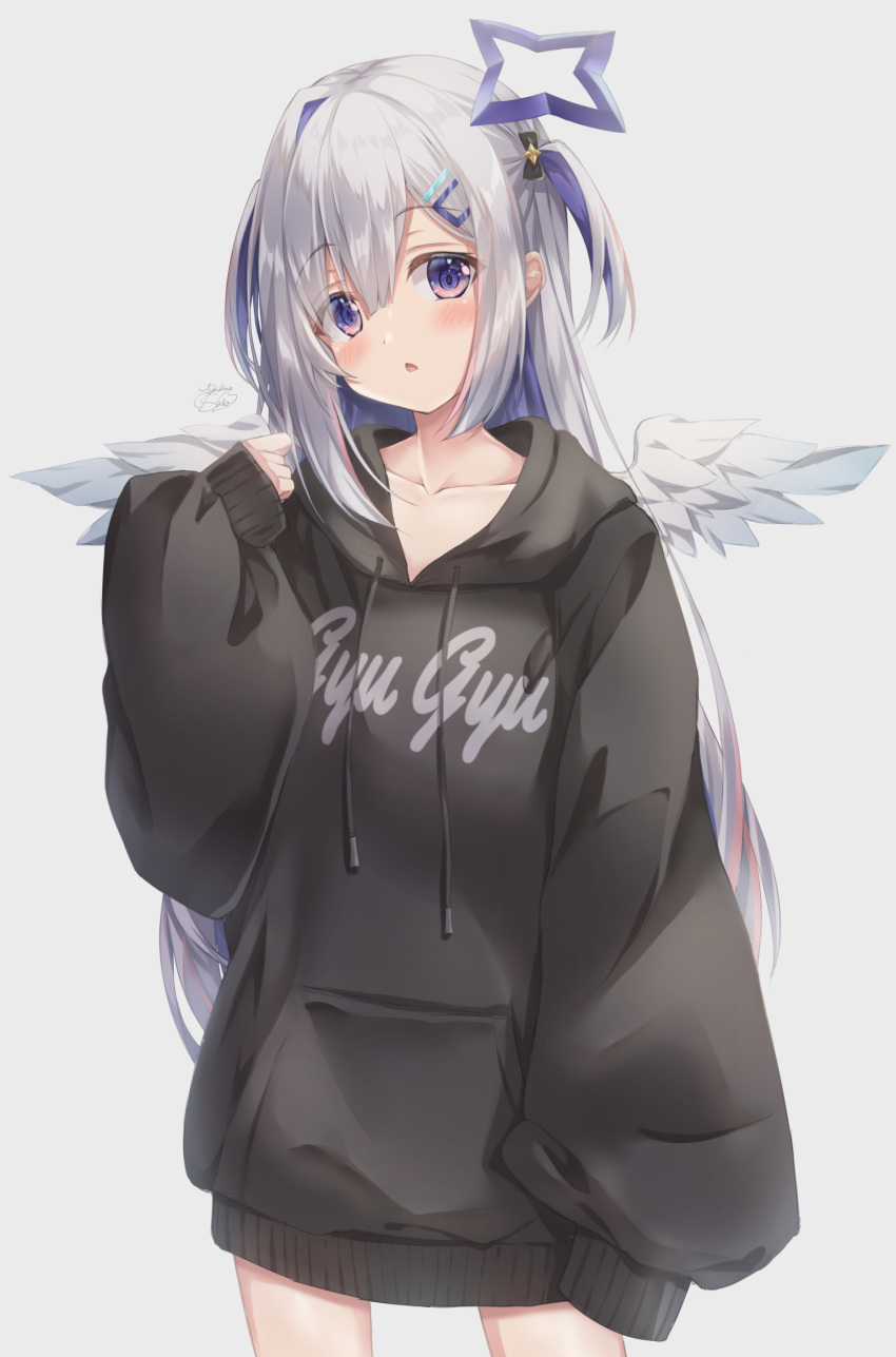 1girl :&lt; absurdres amane_kanata angel_wings artist_name asymmetrical_hair bangs bare_legs black_hoodie blush bottomless collarbone commentary_request cowboy_shot feathered_wings grey_background hair_ornament hairclip head_tilt highres hololive hood hoodie long_hair looking_at_viewer open_mouth oversized_clothes sidelocks signature silver_hair simple_background sleeves_past_fingers sleeves_past_wrists solo triangle_mouth two_side_up very_long_sleeves violet_eyes virtual_youtuber wings yukikawa_sara
