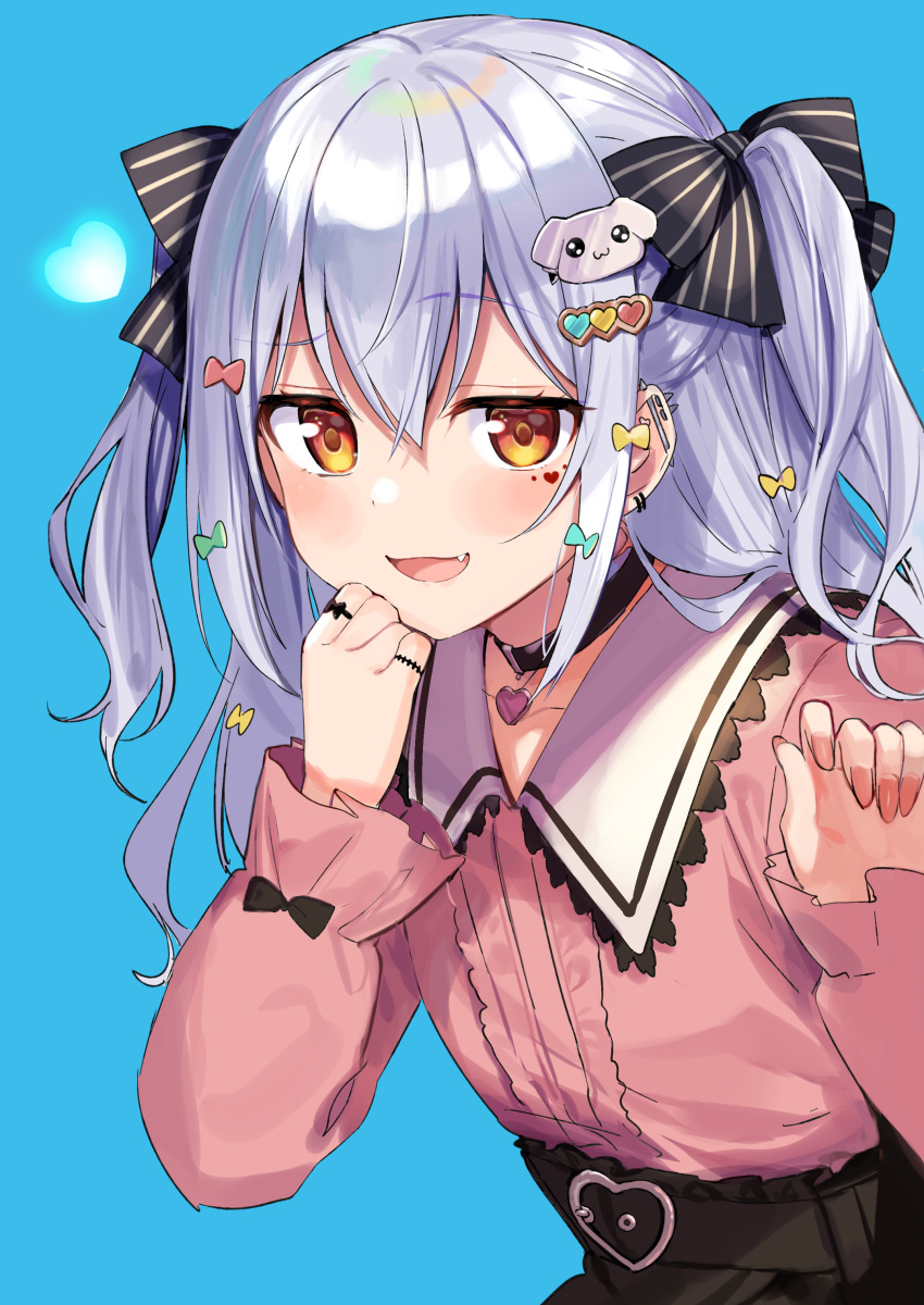 1boy absurdres blue_background bow choker ear_piercing eyebrows_visible_through_hair fang hair_between_eyes hair_bow hair_ornament hairclip heart highres inuyama_tamaki long_hair long_sleeves looking_at_viewer noripro orange_eyes otoko_no_ko piercing silver_hair simple_background smug solo upper_body yumesaki_nana