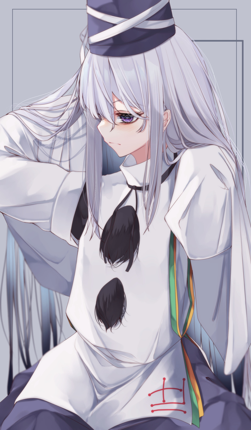 1girl absurdres black_headwear black_skirt closed_mouth grey_eyes hair_between_eyes hat highres japanese_clothes kariginu long_hair mononobe_no_futo pom_pom_(clothes) ribbon-trimmed_sleeves ribbon_trim silver_hair skirt sleeves_past_fingers sleeves_past_wrists solo tate_eboshi touhou tsune_(tune) wide_sleeves
