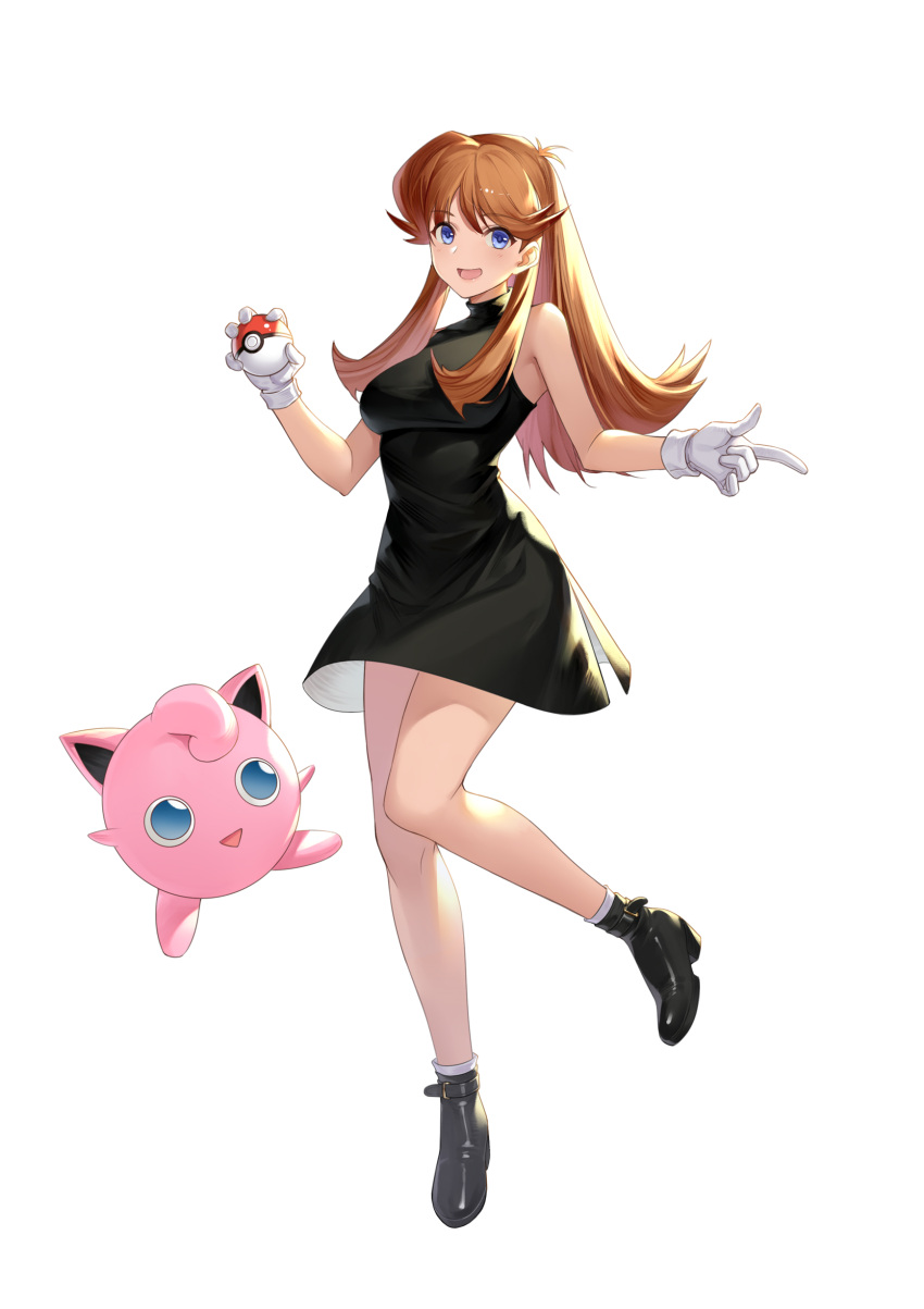 1girl absurdres bangs bare_arms black_dress black_footwear blue_eyes breasts brown_hair commentary_request dress gen_1_pokemon gloves green_(pokemon) hands_up highres holding holding_poke_ball jigglypuff long_hair looking_at_viewer open_mouth poke_ball pokemon pokemon_(creature) pokemon_adventures shoes simple_background smile socks tongue white_background white_gloves white_legwear yin_lan_xue