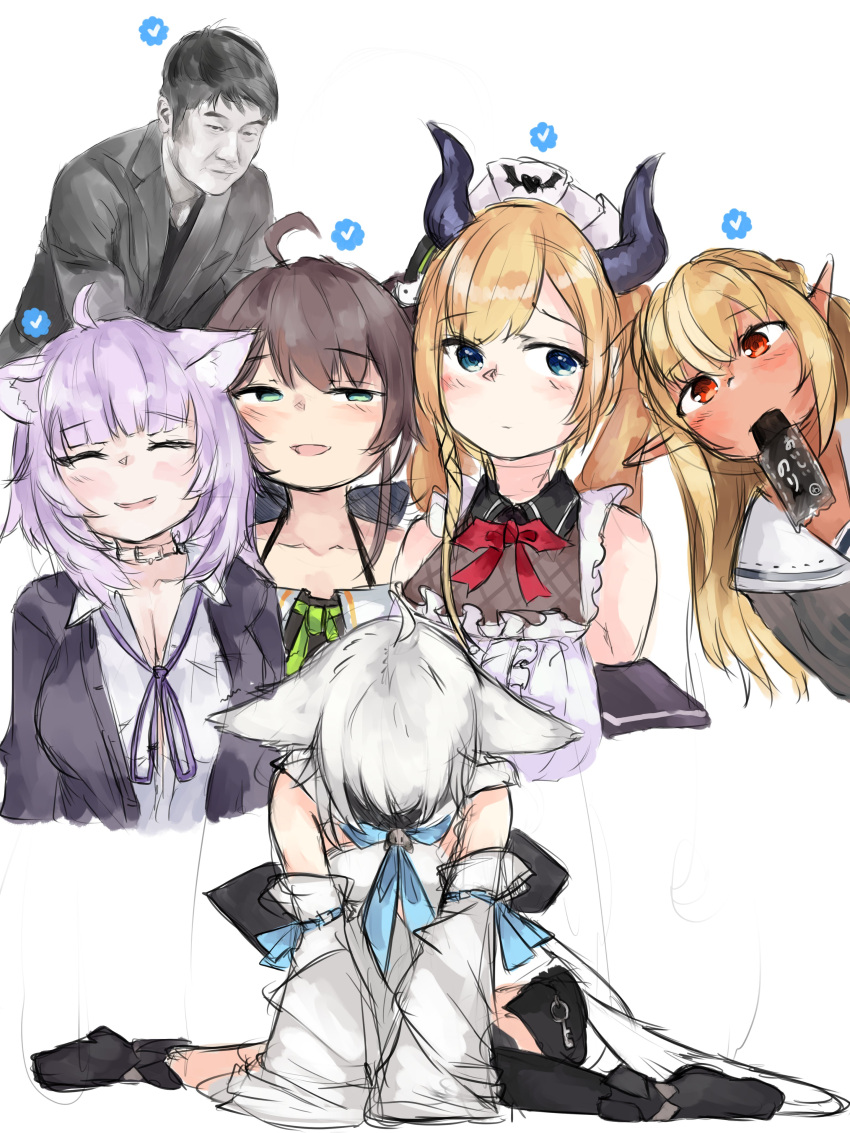 1boy 5girls absurdres ahoge animal_ears blonde_hair brown_hair cat_ears dark-skinned_female dark_skin despair detached_sleeves fox_ears highres hololive horns multiple_girls natsuiro_matsuri nekomata_okayu nori_(seaweed) pointy_ears purple_hair shirakami_fubuki shiranui_flare suzu_coconatu twitter virtual_youtuber white_background white_hair wide_sleeves yagoo yuzuki_choco