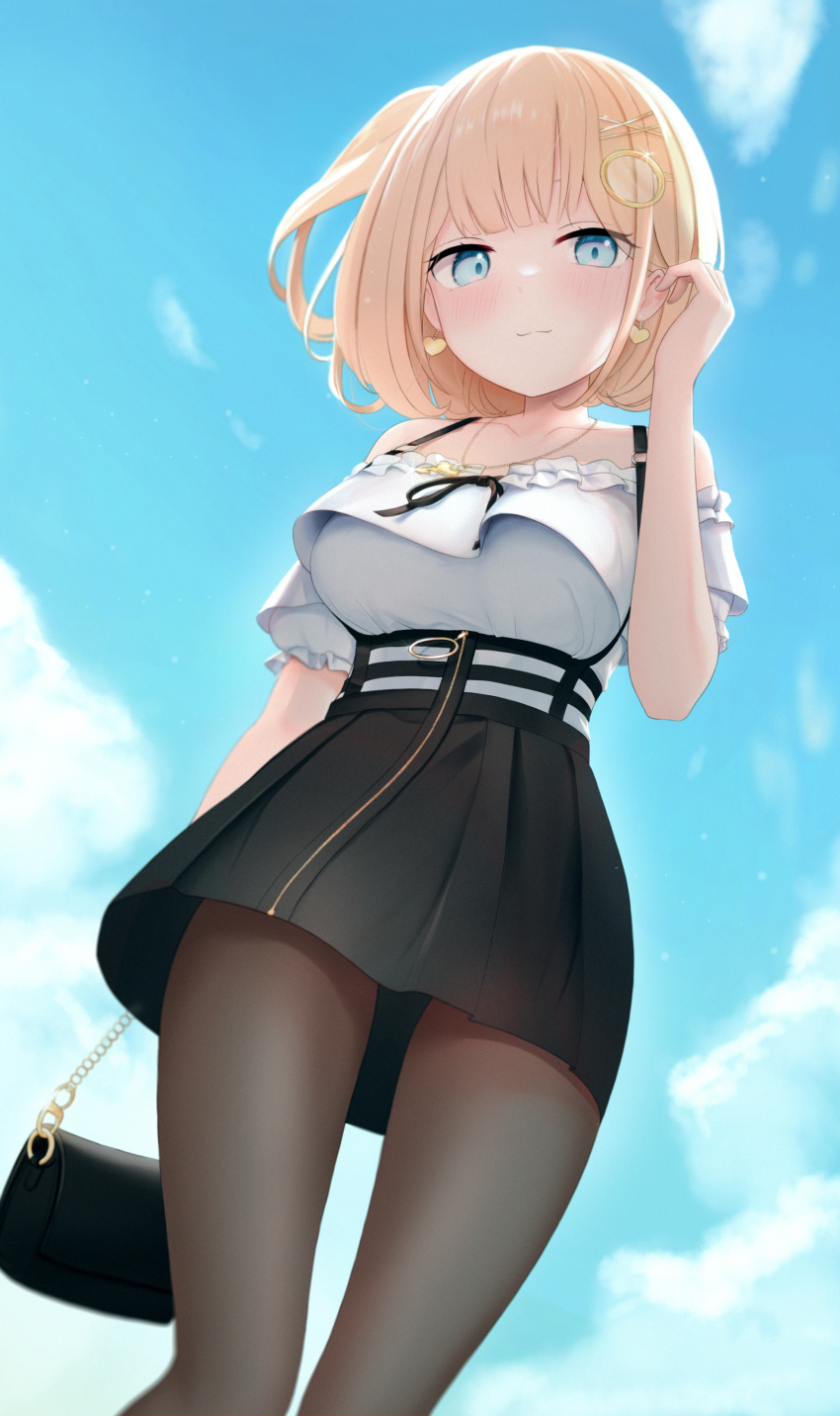 1girl absurdres bag bare_shoulders black_legwear black_skirt blonde_hair blue_eyes blue_sky breasts closed_mouth clouds day dutch_angle earrings english_commentary from_below gold_earrings gold_necklace hair_ornament handbag heart heart_earrings high-waist_skirt highres hololive hololive_english jewelry key_necklace looking_at_viewer medium_breasts monocle_hair_ornament necklace one_side_up outdoors pantyhose shiranai02 short_hair skirt sky smile solo sunlight virtual_youtuber watson_amelia