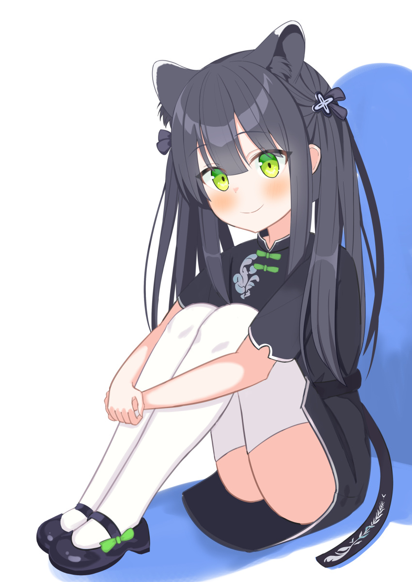 1girl absurdres animal_ear_fluff animal_ears bangs black_dress black_footwear black_hair blue_archive blunt_bangs china_dress chinese_clothes dress green_eyes hands_together highres hugging_own_legs knees_to_chest knees_up legs long_hair mary_janes mikeran5648 shoes short_sleeves shun_(blue_archive) sitting smile solo thigh-highs thighs tiger_ears tiger_girl twintails white_legwear