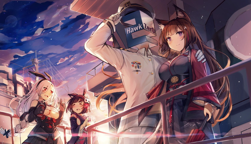 &gt;_&lt; 1boy 3girls amagi_(azur_lane) animal_ear_fluff animal_ears azur_lane bare_shoulders black_gloves black_hair black_ribbon black_sleeves braid breasts brown_hair can cat_ears closed_umbrella coat commander_(azur_lane) crop_top cup detached_sleeves eyes_visible_through_hair fang fox_ears fox_girl from_below gloves hair_ribbon hat heaven's_melody high-waist_skirt highres holding holding_can holding_cup holding_umbrella jacket japanese_clothes kimono large_breasts long_hair mask mask_on_head medal military military_uniform multiple_girls naval_uniform oil-paper_umbrella open_clothes open_coat open_mouth outdoors peaked_cap pleated_skirt prinz_heinrich_(azur_lane) purple_kimono red_coat red_eyes ribbon single_braid skin_fang skirt sunset umbrella under_boob uniform very_long_hair violet_eyes white_gloves white_hair white_jacket yamashiro_(azur_lane)