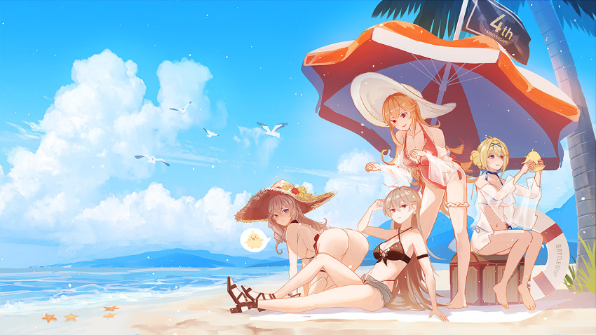 4girls algerie_(azur_lane) algerie_(white_sand_angel)_(azur_lane) all_fours anchor_earrings arm_strap ass azur_lane backless_swimsuit beach beach_umbrella bikini blue_choker blue_sky breasts brown_bikini brown_hair choker criss-cross_halter cutoff_jeans cutoffs drill_locks earrings flower halterneck hat hat_flower high_heels highleg highleg_bikini highleg_swimsuit innertube jean_bart_(azur_lane) jean_bart_(secret_afternoon)_(azur_lane) jeanne_d'arc_(azur_lane) jeanne_d'arc_(movie_set_saintess)_(azur_lane) jewelry large_breasts layered_bikini leaning_forward long_hair looking_at_viewer manjuu_(azur_lane) medium_breasts micro_shorts multi-strapped_bikini multiple_girls multiple_straps official_alternate_costume one-piece_swimsuit open_clothes open_shorts orange_hair outdoors palm_tree pink_swimsuit red_eyes richelieu_(azur_lane) richelieu_(flagship_in_the_sea_breeze)_(azur_lane) sand sea_nami473 see-through_sleeves shorts side-tie_swimsuit sitting sky standing starfish straw_hat sun_hat swimsuit toeless_footwear tree umbrella violet_eyes water white_bikini white_bird white_headwear white_innertube