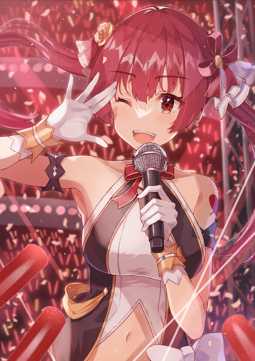 1girl ;d absurdres armband armpits bare_shoulders breasts clothing_cutout eyebrows_visible_through_hair gloves glowstick hair_ribbon halter_top halterneck hand_up haru_yu highres holding holding_microphone hololive hololive_idol_uniform houshou_marine idol large_breasts long_hair microphone navel navel_cutout official_alternate_costume one_eye_closed open_mouth red_eyes red_ribbon redhead ribbon sleeveless smile solo stage twintails virtual_youtuber white_gloves wrist_cuffs