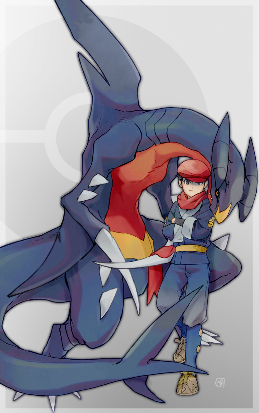 1boy absurdres black_sclera black_undershirt border brown_footwear claws closed_mouth colored_sclera commentary_request crossed_arms garchomp gen_4_pokemon hat highres jacket looking_at_viewer male_focus nigiri_(ngr24) orange_eyes pants poke_ball_symbol pokemon pokemon_(creature) pokemon_(game) pokemon_legends:_arceus red_headwear red_scarf rei_(pokemon) scarf shoes short_hair signature smile spikes standing undershirt