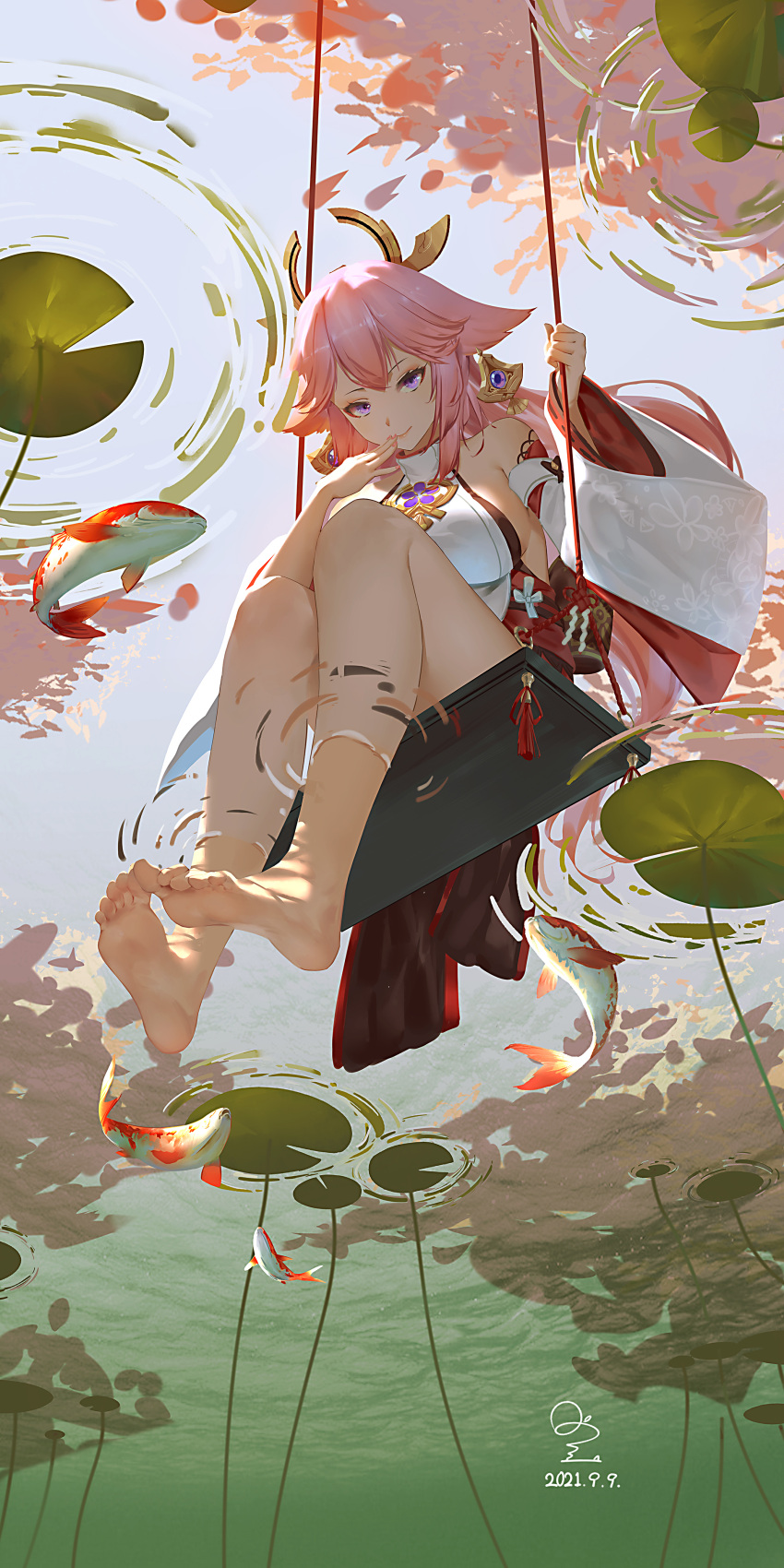 1girl absurdres animal_ears bangs bare_legs bare_shoulders barefoot breasts closed_mouth commentary dated detached_sleeves feet fish fox_ears from_below full_body genshin_impact hand_to_own_mouth highres holding holding_rope japanese_clothes koi large_breasts lily_pad long_hair long_sleeves looking_at_viewer looking_down miko nail_polish pink_hair pink_nails ribao rope signature sitting smile soaking_feet soles solo swing symbol-only_commentary toes very_long_hair violet_eyes wide_sleeves yae_(genshin_impact)
