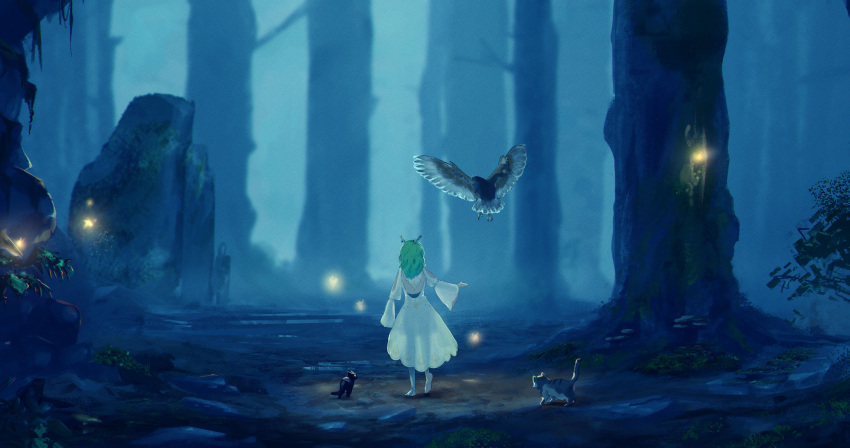 1girl absurdres bird bug cat ceres_fauna dress fireflies forest green_hair hair_ornament highres hololive hololive_english long_sleeves nature night night_sky owl sky toren_2p2t virtual_youtuber