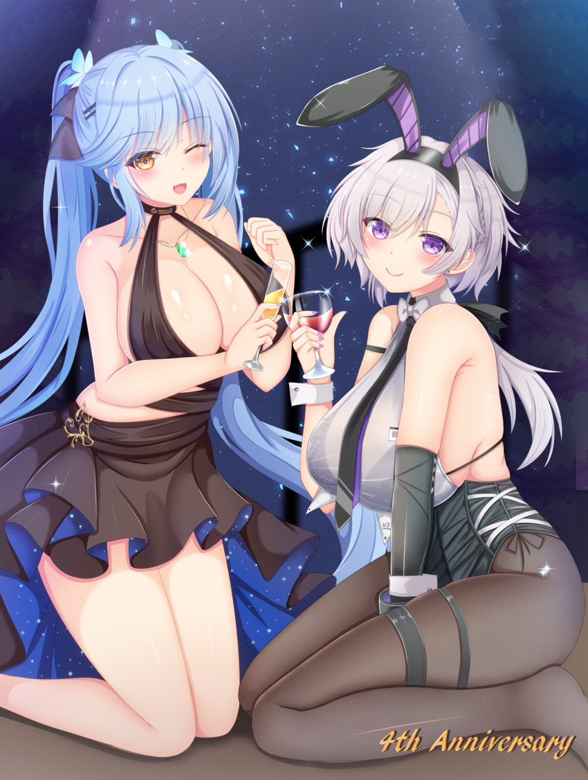 2girls animal_ears azur_lane backless_leotard bare_shoulders black_dress black_leotard breasts center_opening champagne_flute cocktail_dress cup dress drinking_glass elbow_gloves essex_(azur_lane) essex_(craft_fairytail)_(azur_lane) evening_gown eyebrows_visible_through_hair fake_animal_ears full_body gloves halter_dress halterneck highres huge_breasts kneeling leotard leotard_under_clothes light_blue_hair long_hair looking_at_viewer mechanical_hands multiple_girls nao_(naobinarydigit) official_alternate_costume one_eye_closed pantyhose playboy_bunny rabbit_ears reno_(azur_lane) reno_(reno_bunnino)_(azur_lane) sagging_breasts see-through_shirt side-tie_leotard single_elbow_glove single_mechanical_hand sleeveless sleeveless_dress twintails very_long_hair