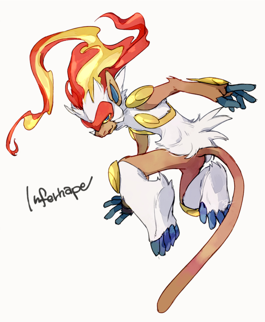 blue_eyes character_name colored_sclera commentary_request fiery_hair fire furry gen_4_pokemon highres infernape looking_back ngr_(nnn204204) pokemon pokemon_(creature) simple_background toes white_background white_fur yellow_sclera