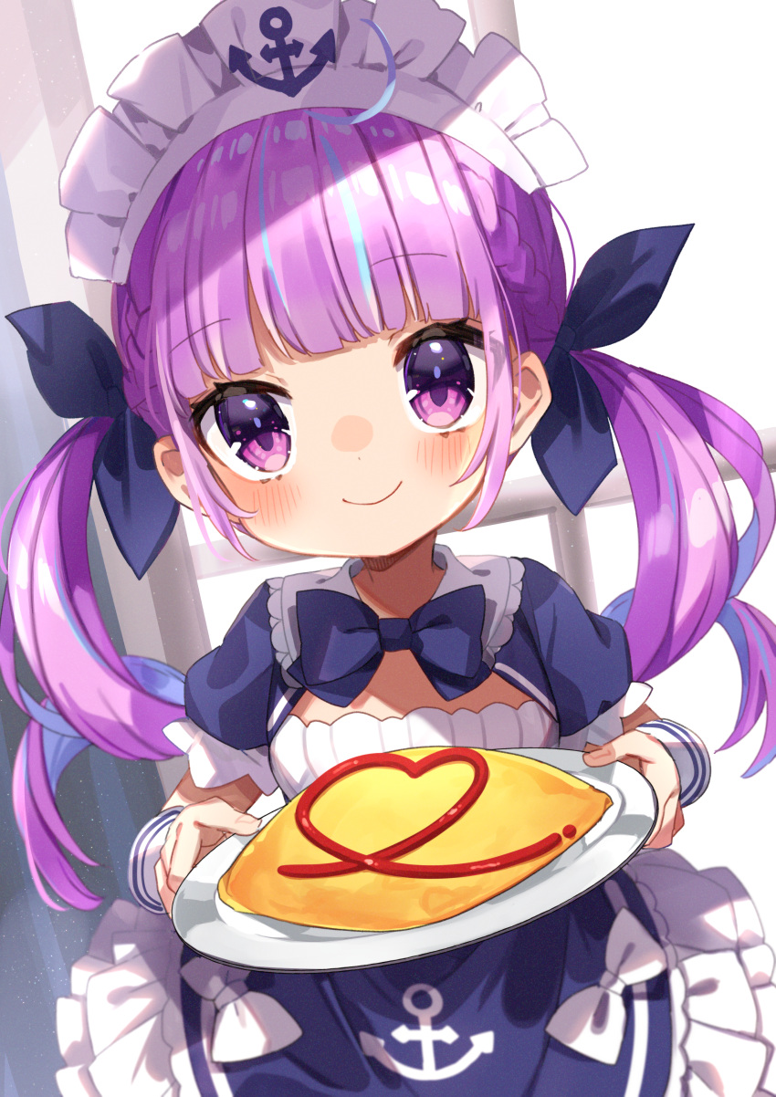 1girl absurdres anchor_print bangs blue_bow blue_dress blue_hair blue_ribbon blunt_bangs blush bow closed_mouth colored_inner_hair commentary dress drill_hair eyebrows_visible_through_hair food hair_ribbon hands_up highres holding holding_plate hololive huge_filesize incoming_food long_hair looking_at_viewer maid_headdress minato_aqua multicolored_hair noi_mine omurice plate purple_hair ribbon short_sleeves sidelocks smile solo twin_drills twintails two-tone_hair violet_eyes virtual_youtuber wrist_cuffs